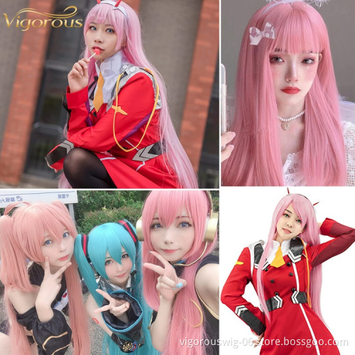 Pink Straight Wigs with Bang Long Wig for Women Cosplay Wig with Bangs Halloween 26 Inch